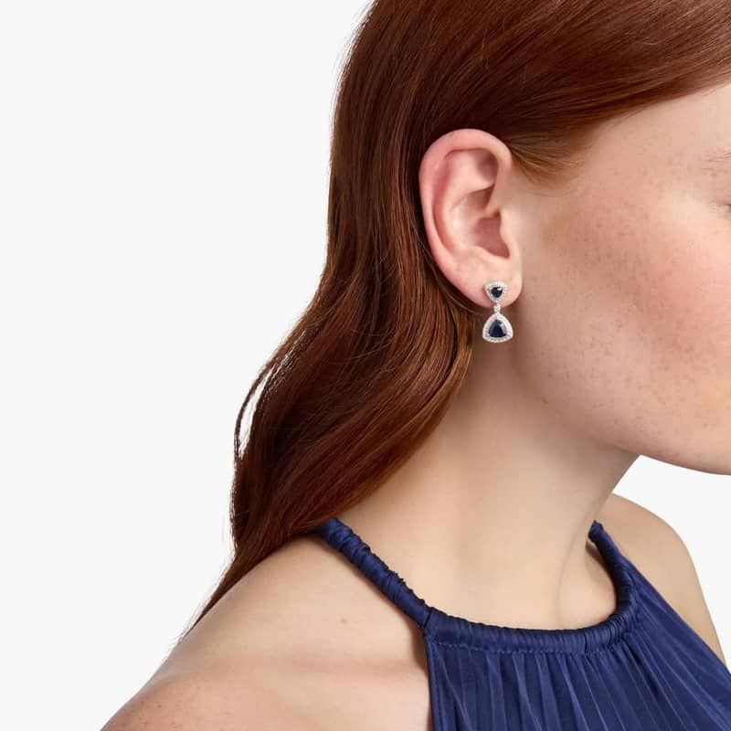 Extraordinary Collection: Trilliant Blue Sapphire with Diamond Halo Earrings in 18k White Gold