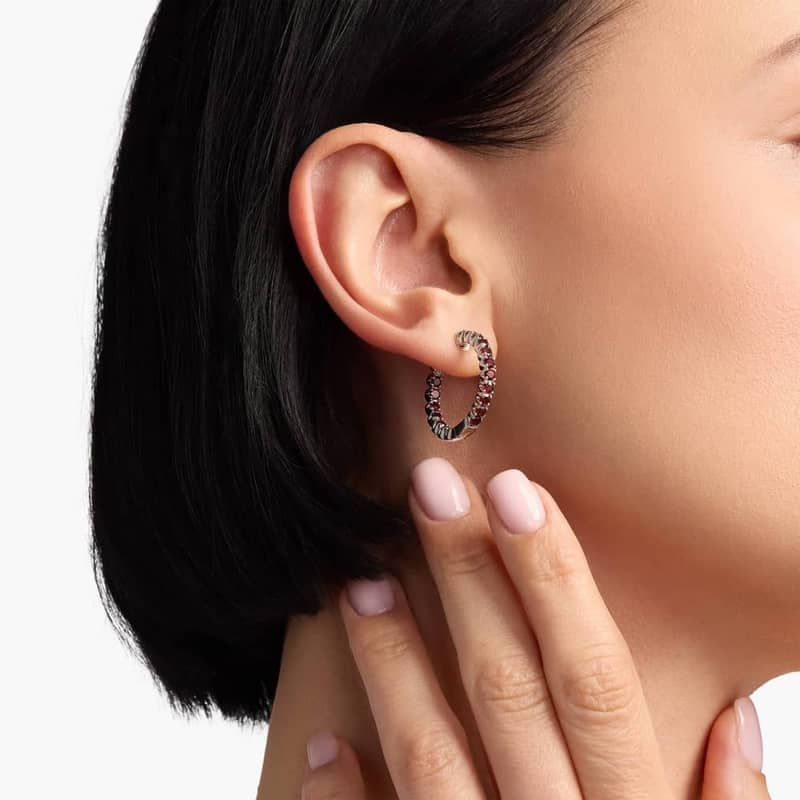 Garnet Hoop Earrings in Sterling Silver (2.5mm)