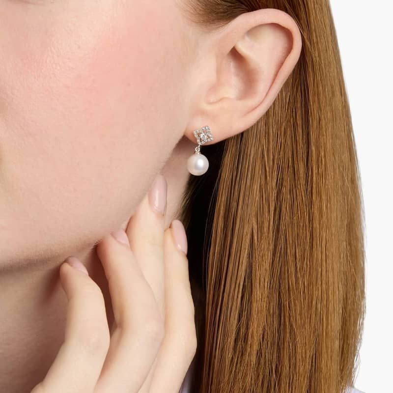 Petite Floral Fresh Water Cultured Pearl and Diamond Earrings in 14k White Gold