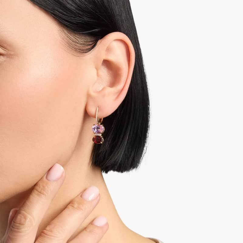 Garnet, Pink Amethyst and Diamond Drop Earrings in 14k Yellow Gold