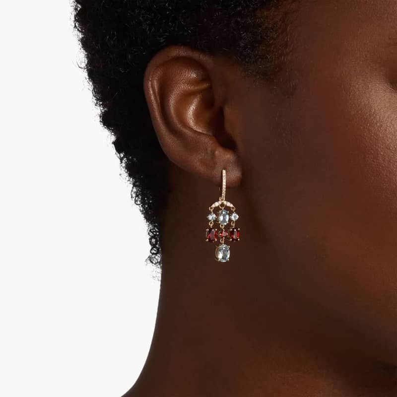 Garnet and Aquamarine Chandelier Earrings in 14k Yellow Gold