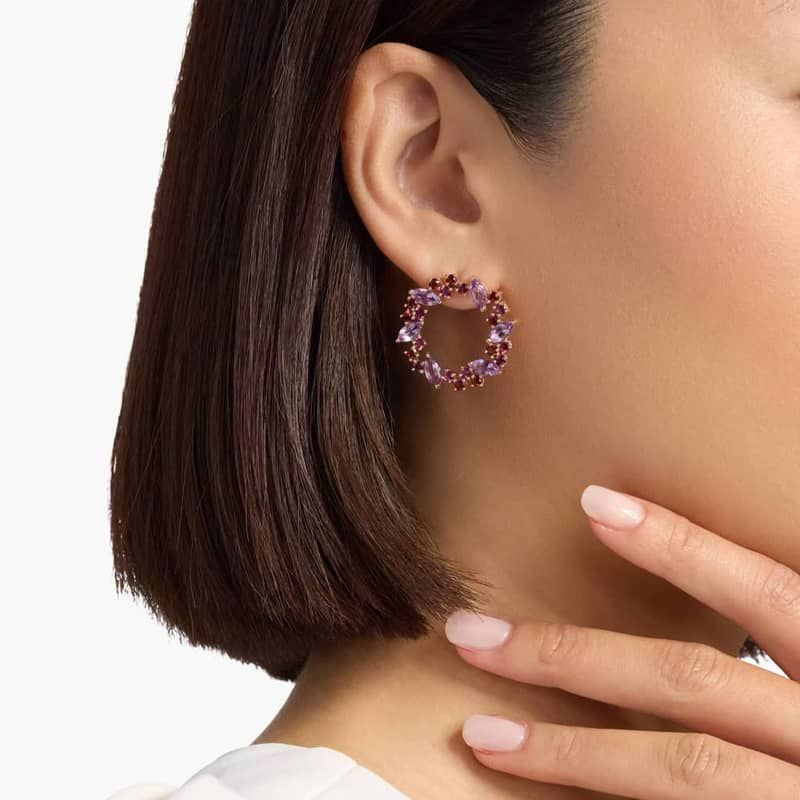 Rhodolite and Amethyst Wreath Shaped Earrings in 14k Rose Gold