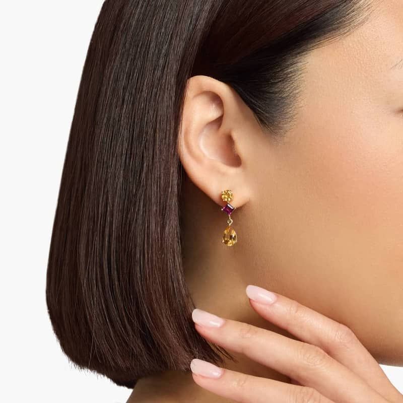 Citrine and Rhodolite Mixed Shape Drop Earrings in 14k Yellow Gold