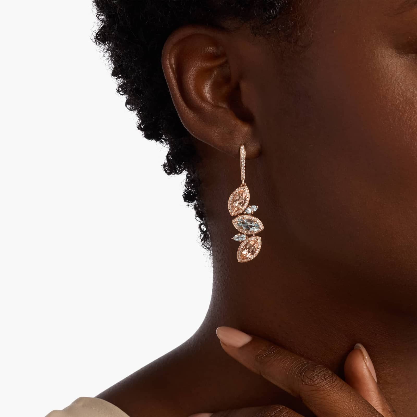 Morganite and Aquamarine Diamond Drop Earrings in 14k Rose Gold