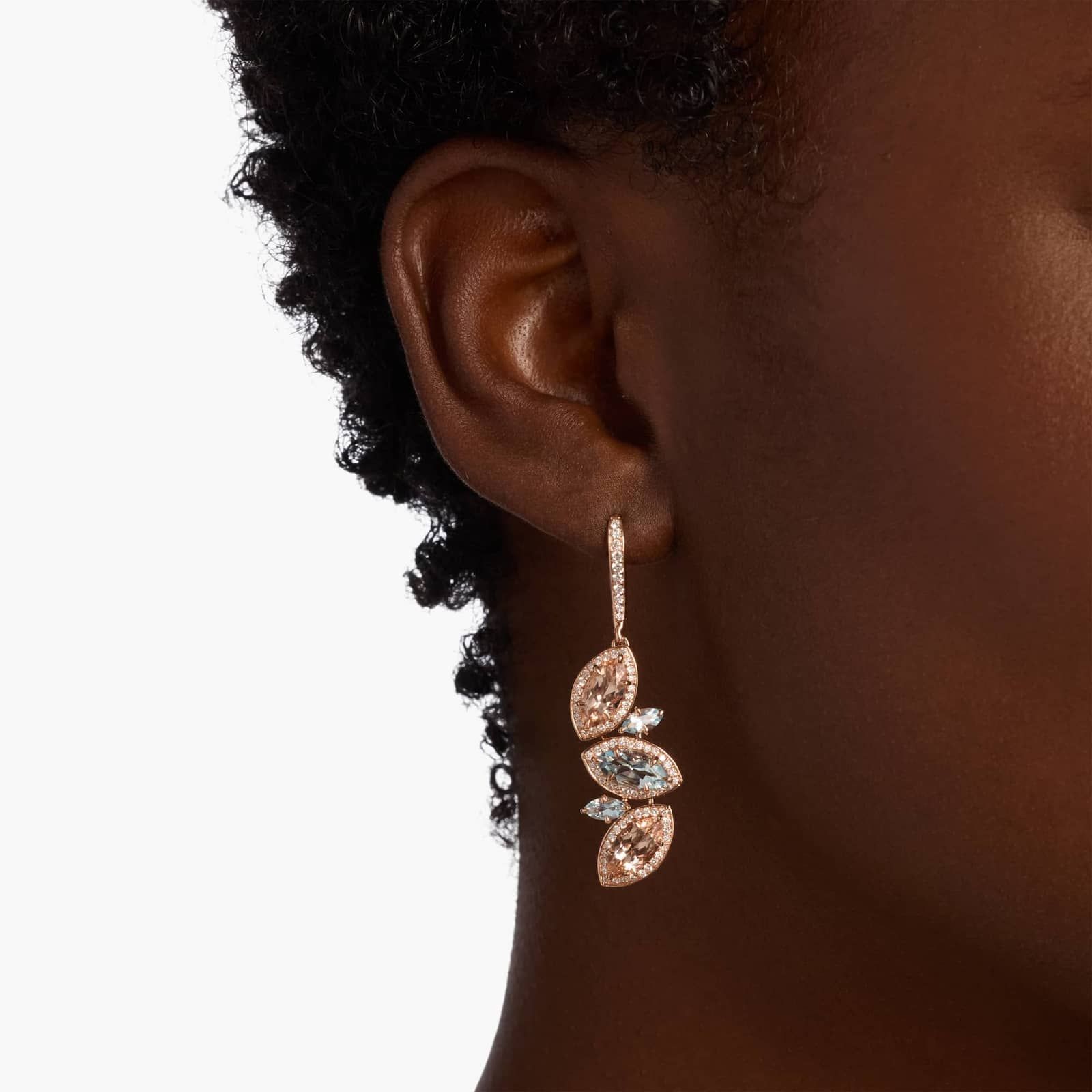 Morganite and Aquamarine Diamond Drop Earrings in 14k Rose Gold