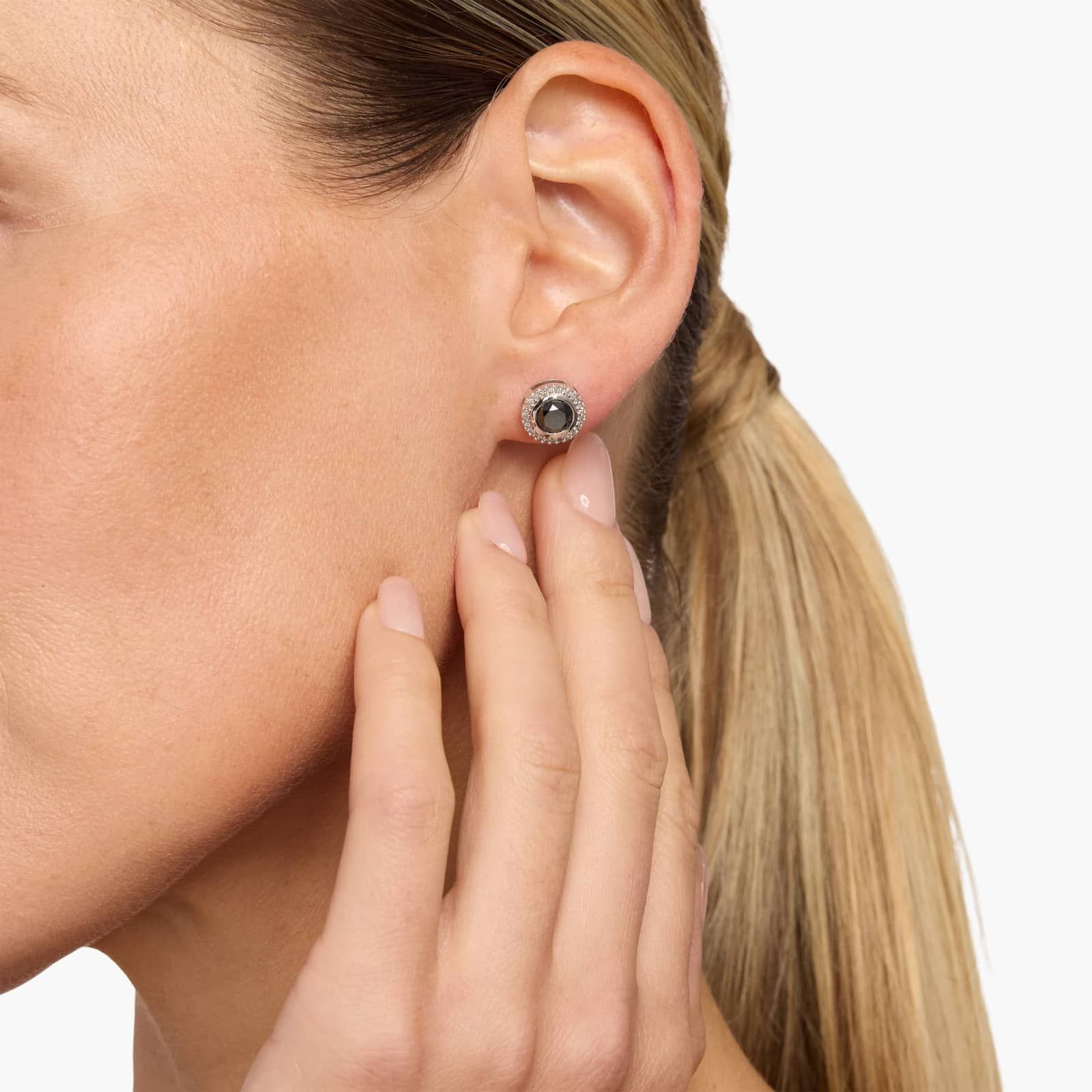 Black and White Diamond Halo Stud Earrings in 14K White Gold