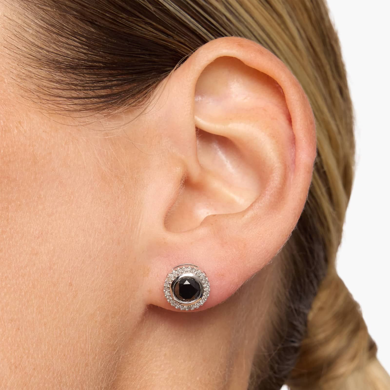 Black and White Diamond Halo Stud Earrings in 14K White Gold