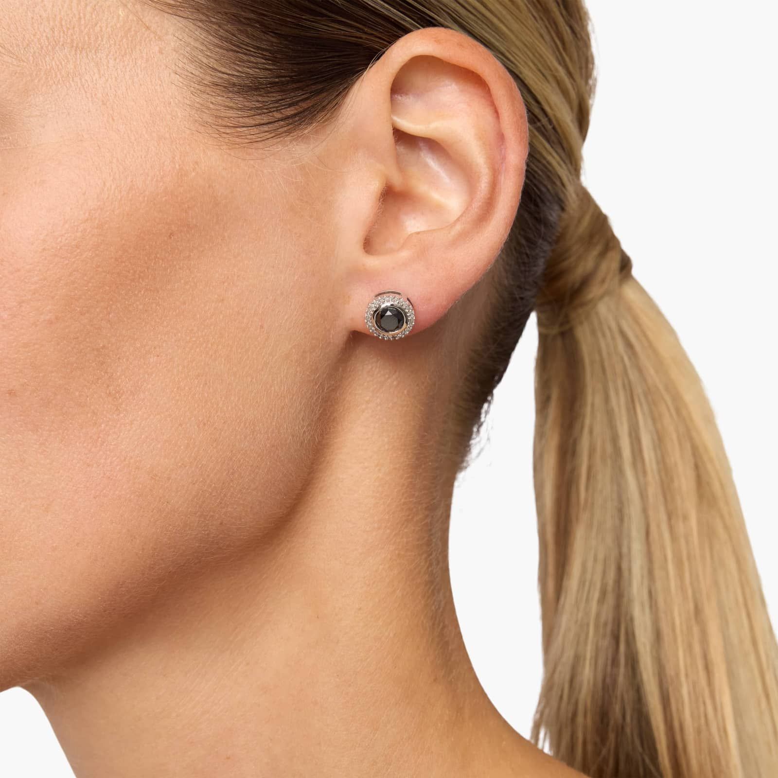 Black and White Diamond Halo Stud Earrings in 14K White Gold