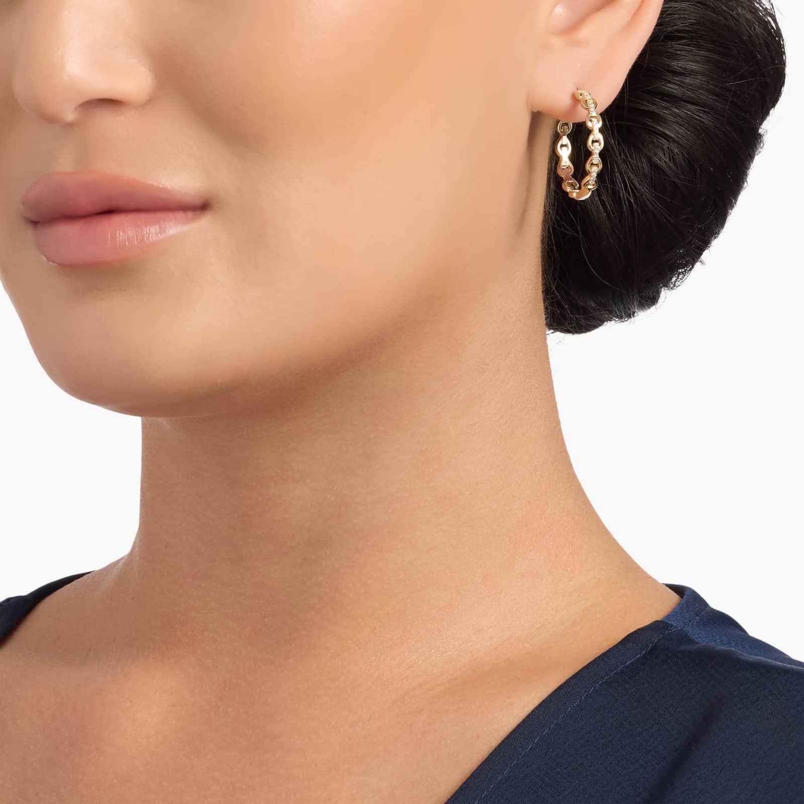 Geometric Drop Link Diamond Hoop Earrings in 14K Yellow Gold