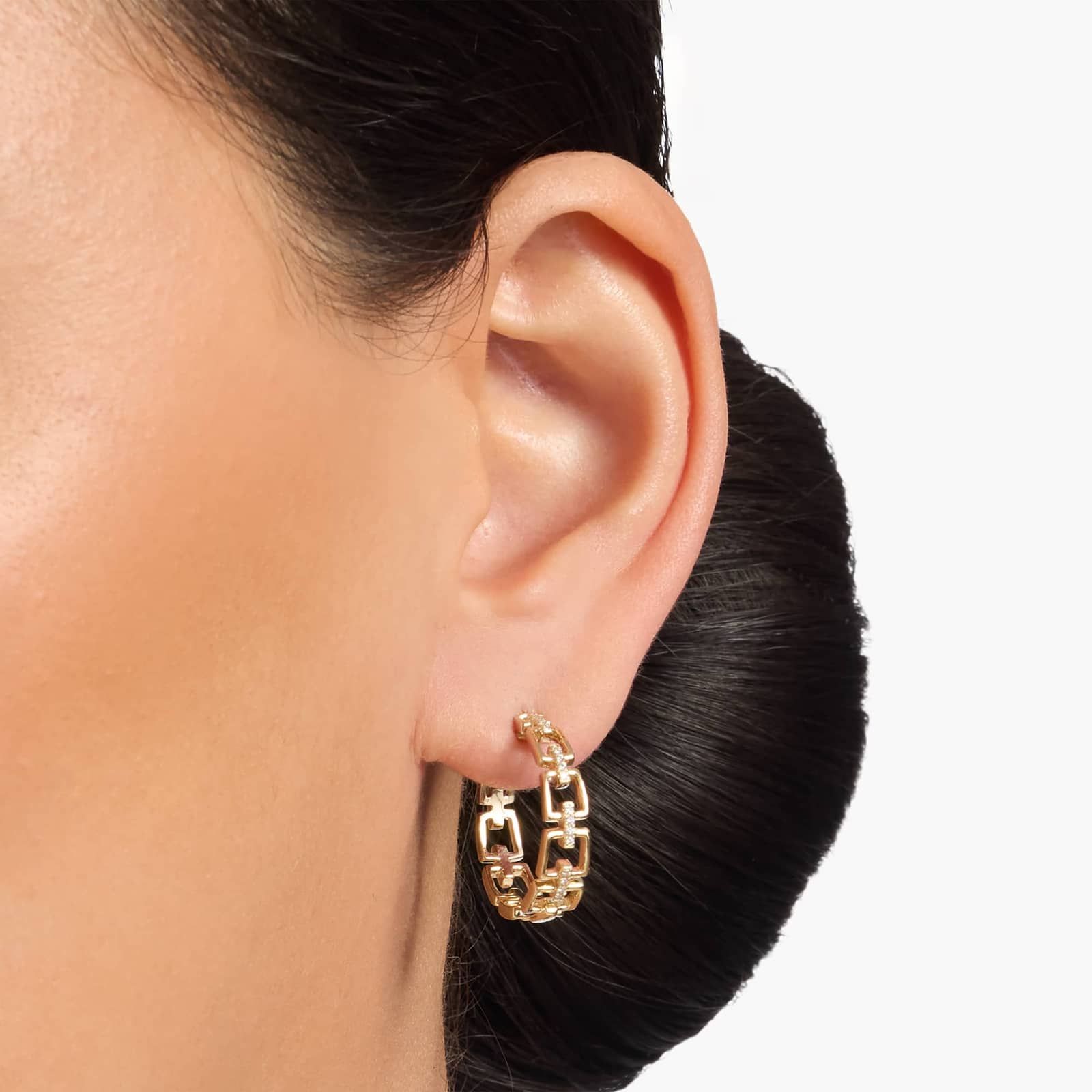 Rectangular Geometric Link Hoop Earrings in 14K Yellow Gold