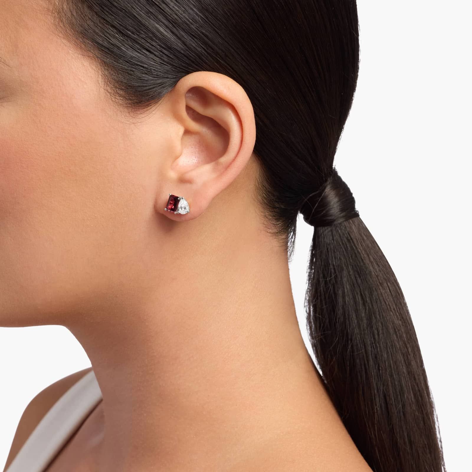 Lab Grown Diamond and Rhodolite Two Stone Stud Earrings in 14k White Gold