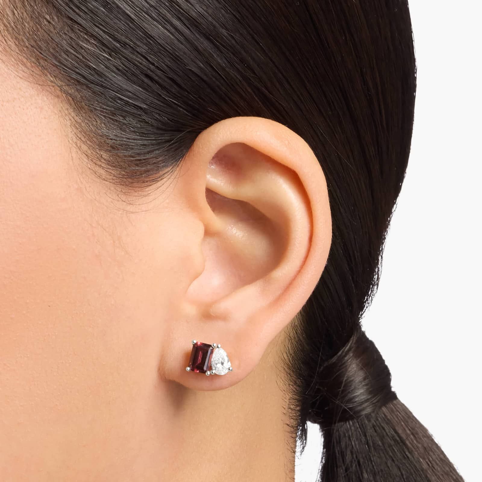 Lab Grown Diamond and Rhodolite Two Stone Stud Earrings in 14k White Gold