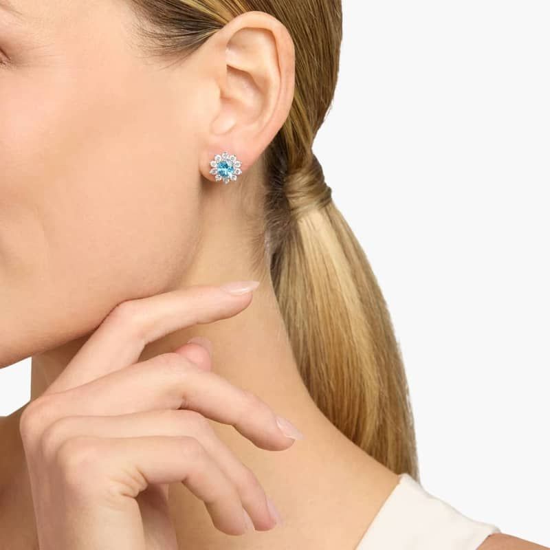 Round Blue Topaz and Diamond Stud Earrings in 14k White Gold