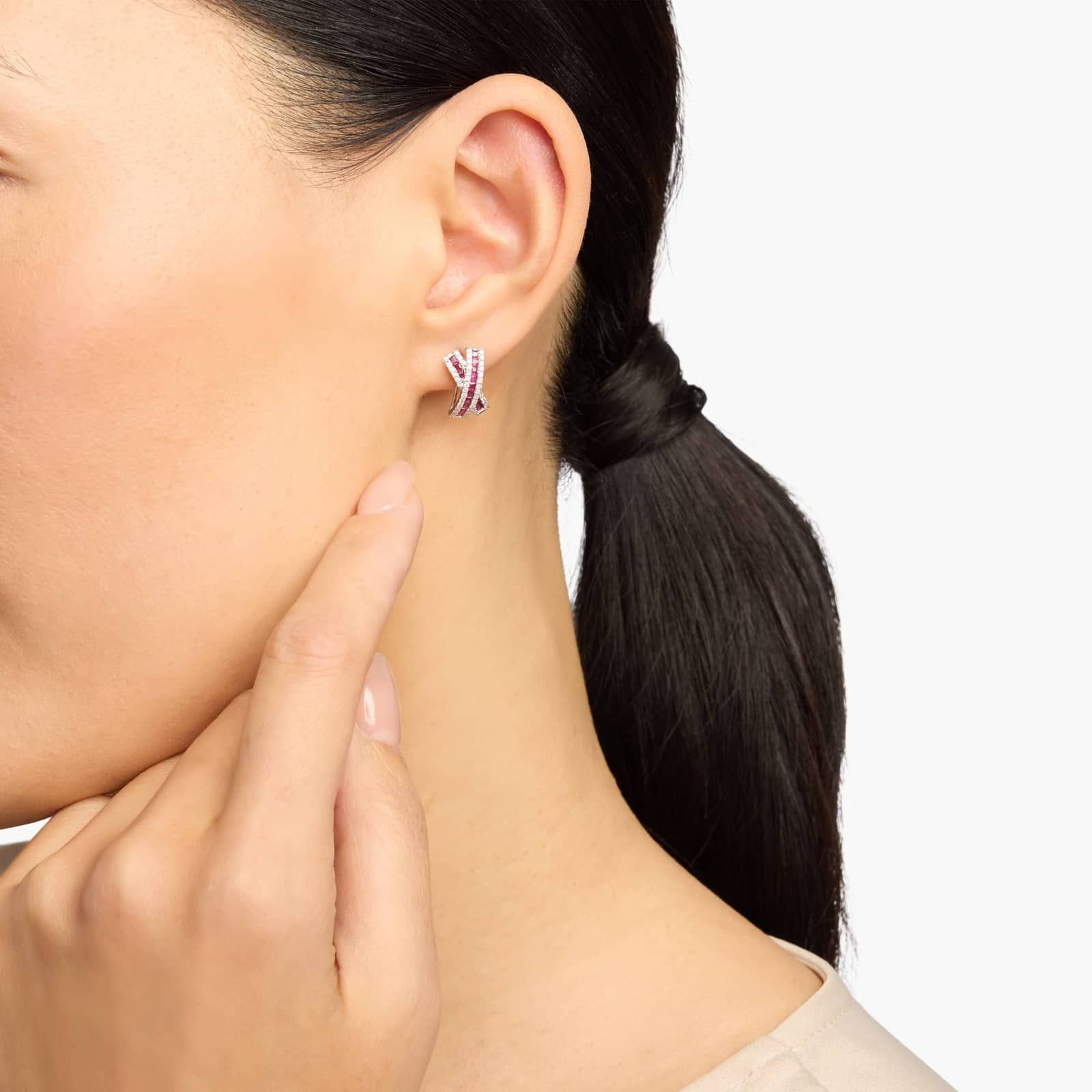 Ruby and Diamond Crossover X Earrings in 14k White Gold (1/2 Ct. Tw.)