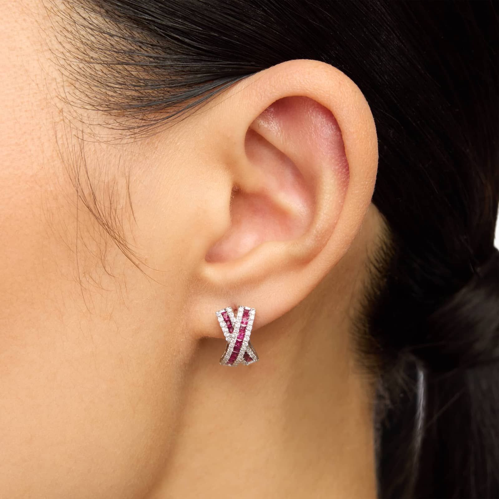 Ruby and Diamond Crossover X Earrings in 14k White Gold (1/2 Ct. Tw.)