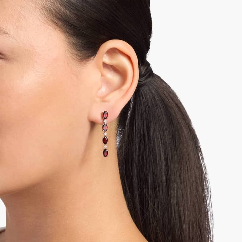 Oval Garnet Line Drop Fashion Earrings in Sterling Silver