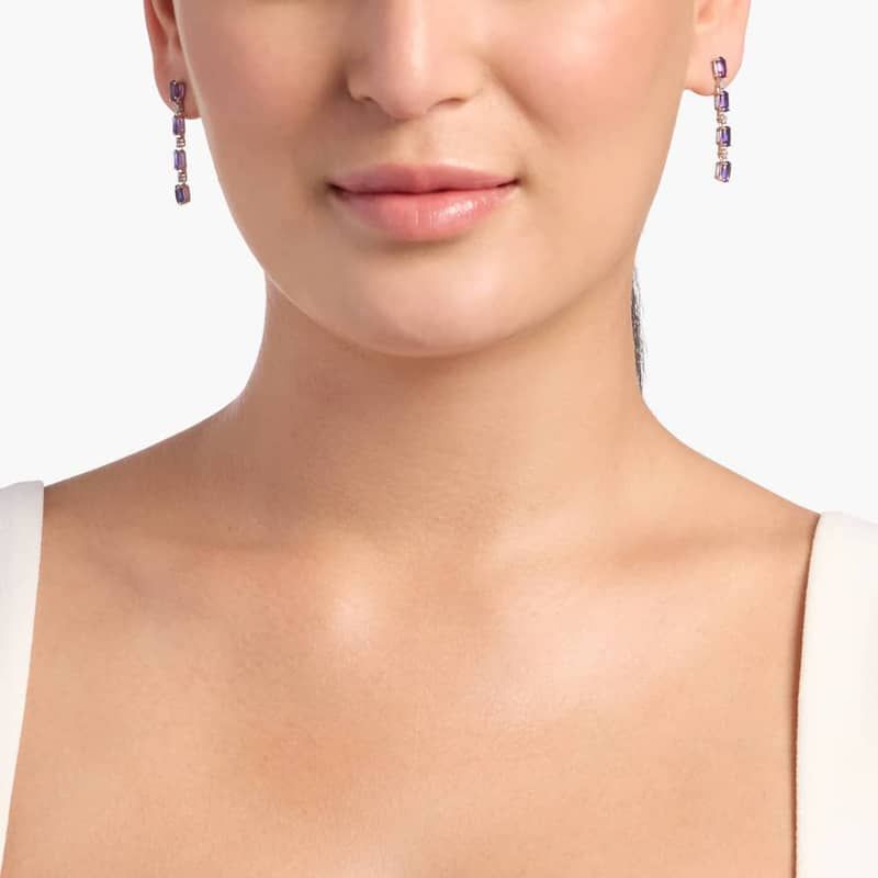 Oval Amethyst Line Drop Fashion Earrings in Sterling Silver