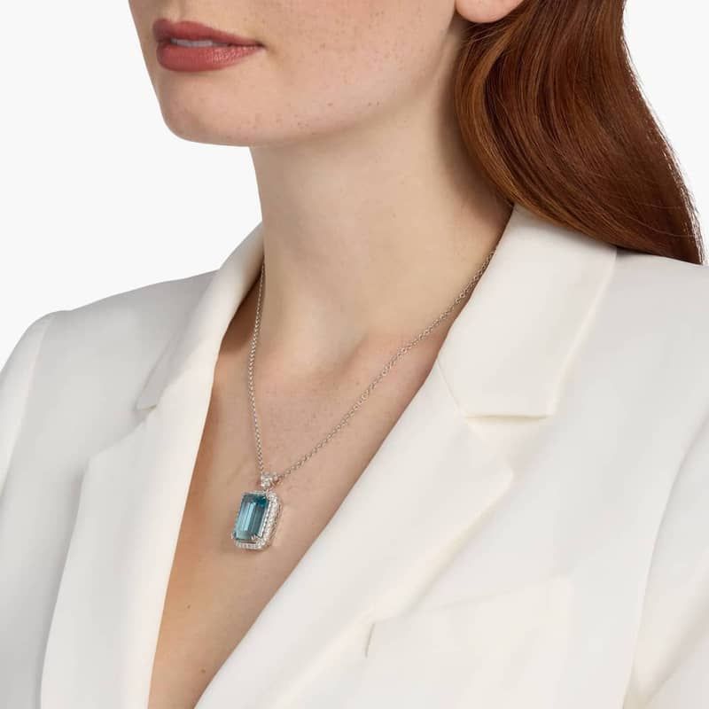 Extraordinary Collection: Emerald Cut Aquamarine and Diamond Pendant in 18k White Gold (19.7x14mm)