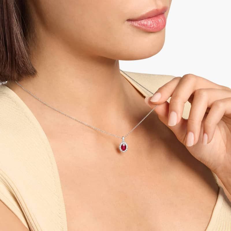 Oval Ruby and Pavé  Diamond Pendant in 14k White Gold (7x5mm)