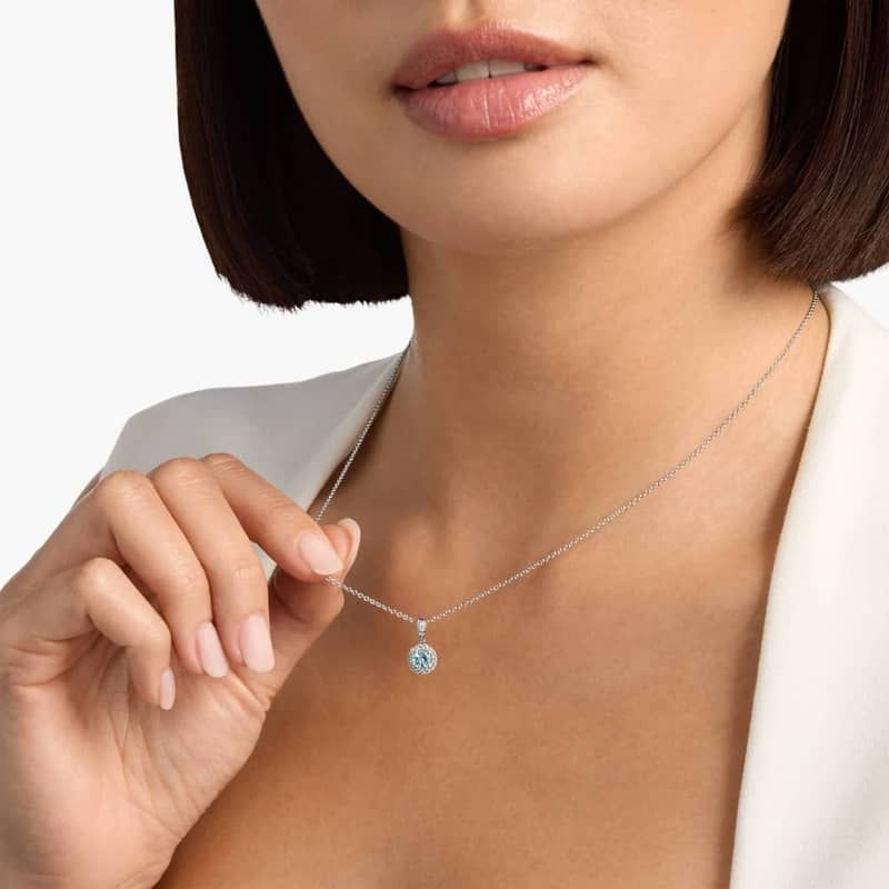 Aquamarine and Micropavé Diamond Halo Pendant in 18k White Gold (5mm)
