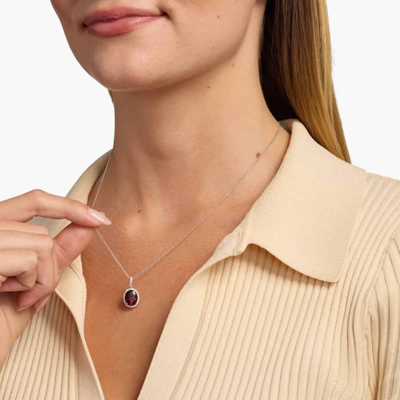 Garnet and Diamond Pendant in 14k White Gold (10x8mm)