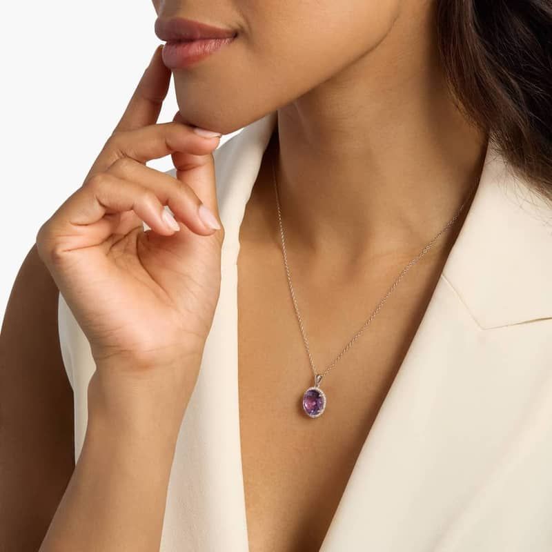 Amethyst and White Sapphire Halo Oval Pendant in Sterling Silver (12x10mm)