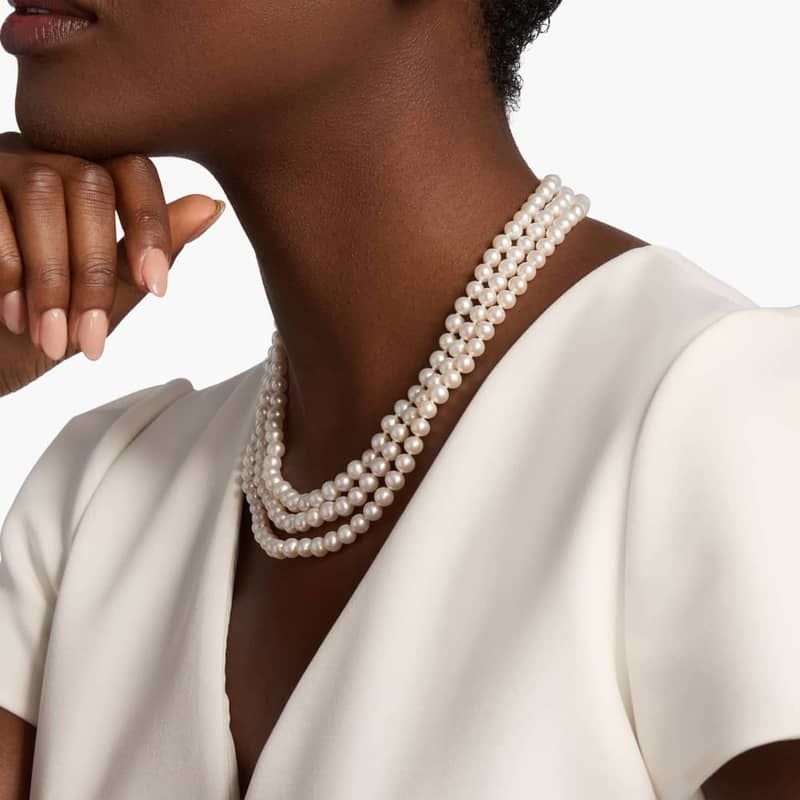 Triple-Strand Freshwater Cultured Pearl Strand Necklace in 14k White Gold (6mm)