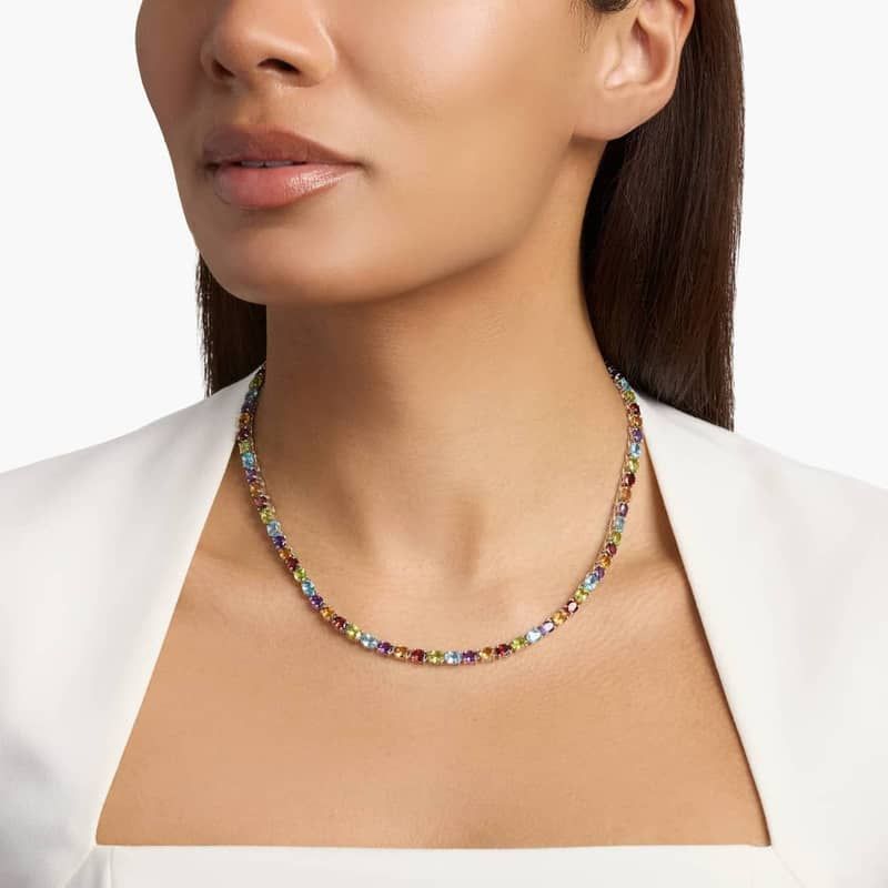 Oval Multicolor Gemstone Eternity Necklace in Sterling Silver (5x4mm)