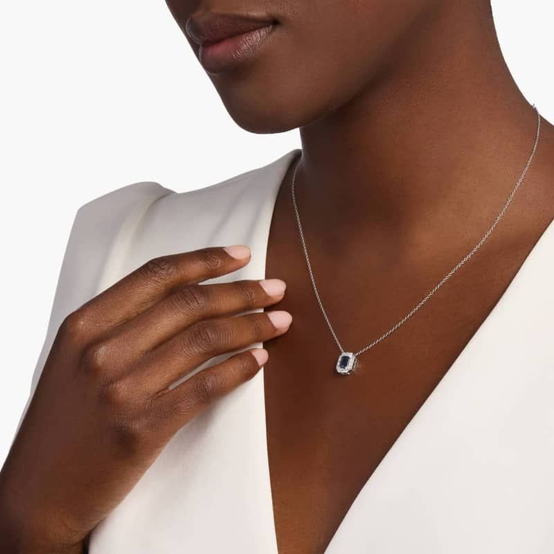 Emerald Cut Sapphire and Diamond Halo Pendant in 14k White Gold (6x4mm)