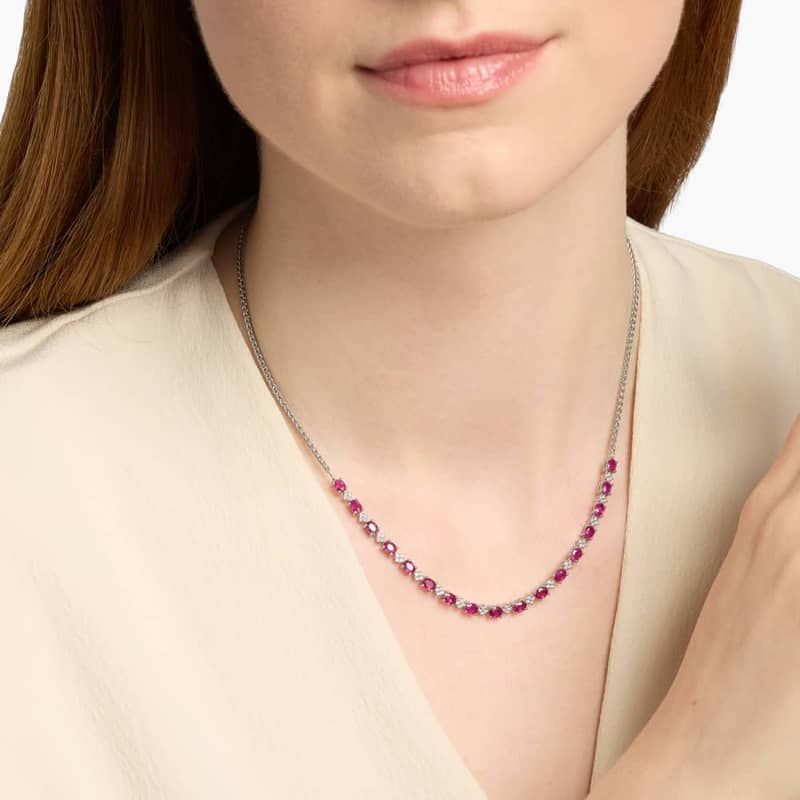 Oval Ruby and Round Diamond Necklace in 14k White Gold