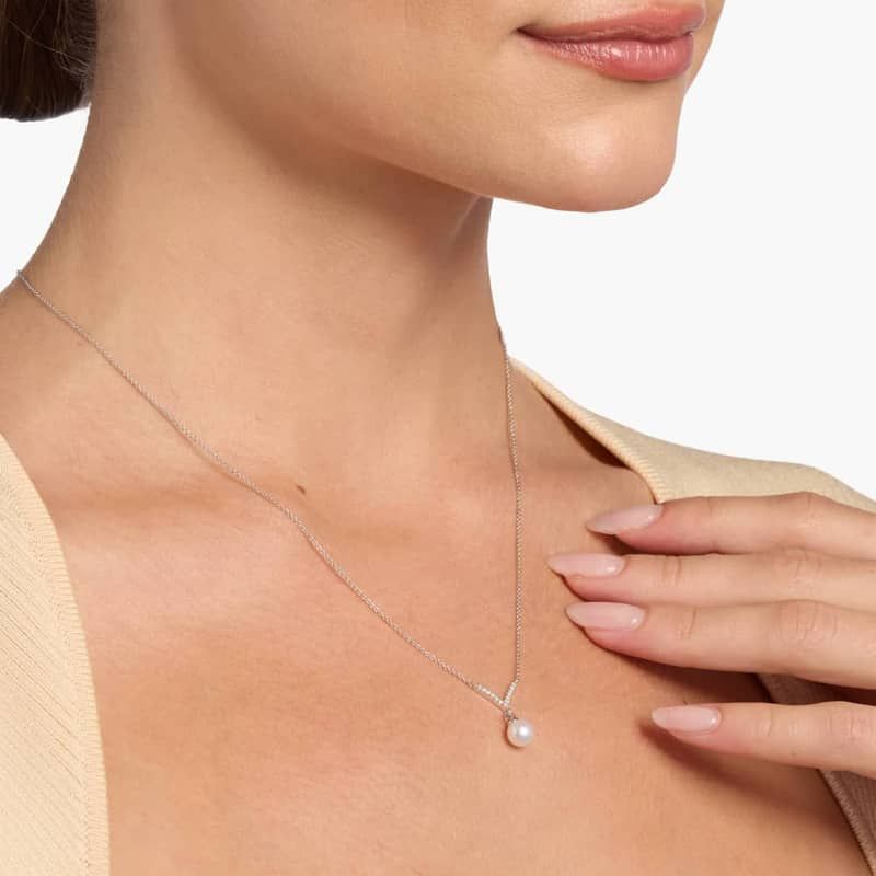 Freshwater Cultured Pearl Chevron Drop Pendant in 14k White Gold (6-7mm)