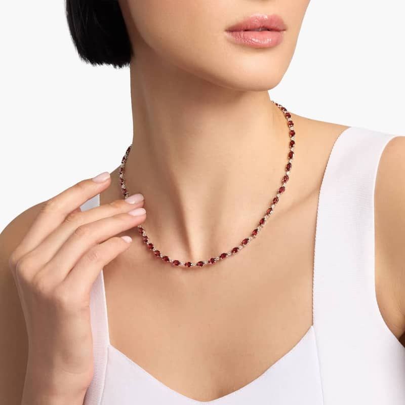 East-west Oval Garnet and White Topaz Fashion Eternity Necklace in Sterling Silver