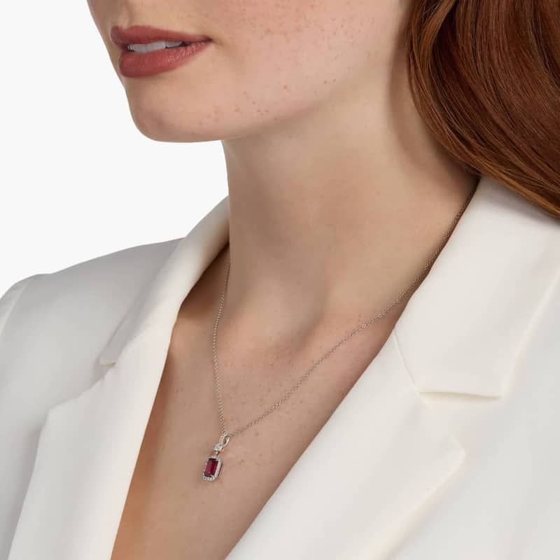 Extraordinary Collection: Emerald Cut Ruby and Diamond Drop Pendant in 18K White Gold (1.48 ct.tw.)