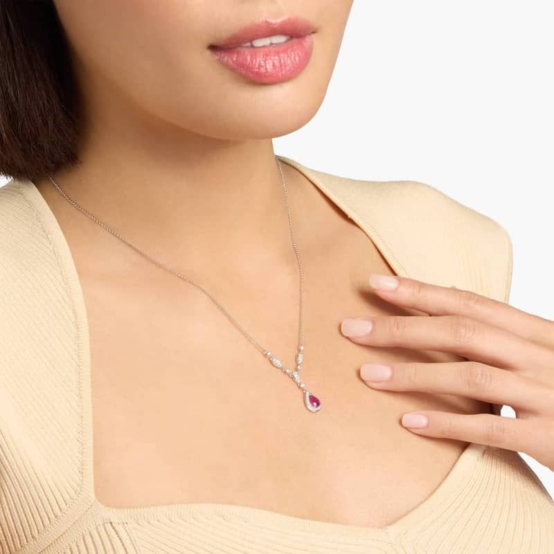 Pear Shape Ruby and Round Diamond Necklace in 14k White Gold (7x5mm)