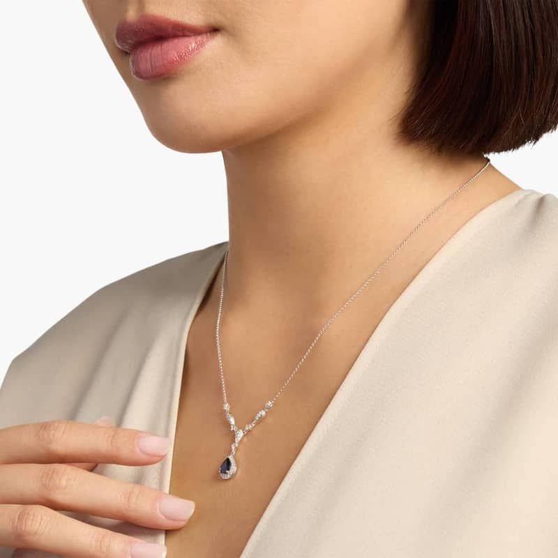 Pear Shape Sapphire and Round Diamond Necklace in 14k White Gold (7x5 mm)