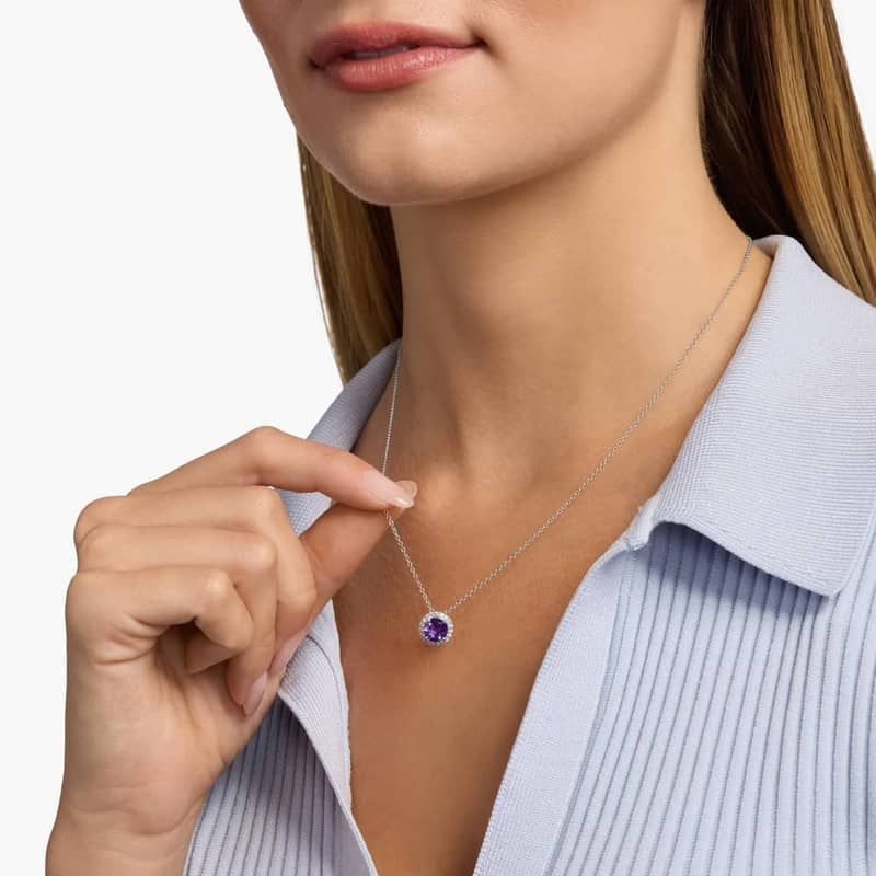 Amethyst and Diamond Halo Pendant in 14k White Gold (7mm)