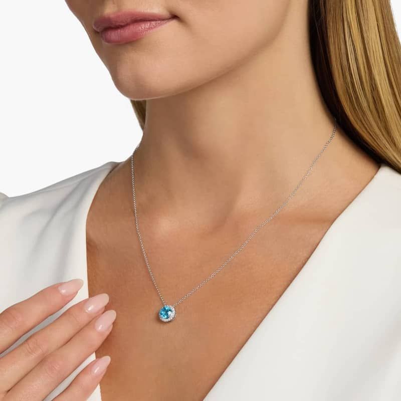 Round Halo Blue Topaz Pendant in 14k White Gold (7mm)