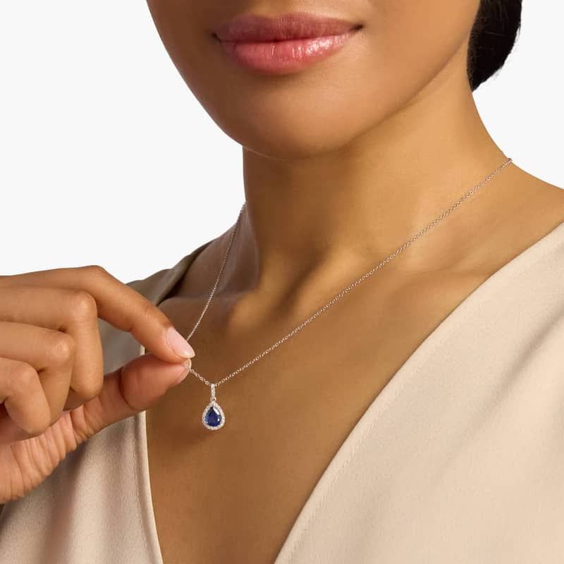 Sapphire Pear Shape Halo Drop Pendant in 14k White Gold (8x6mm)