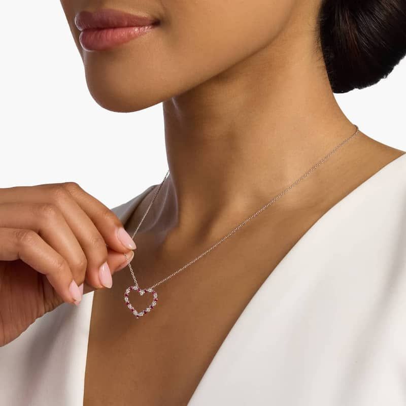 Floating Ruby and Diamond Heart Shaped Pendant in 14k White Gold (1.7mm)