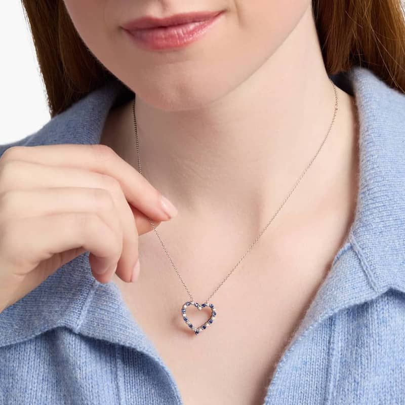 Floating Blue Sapphire and Diamond Heart Shaped Pendant in 14k White Gold (1.7mm)