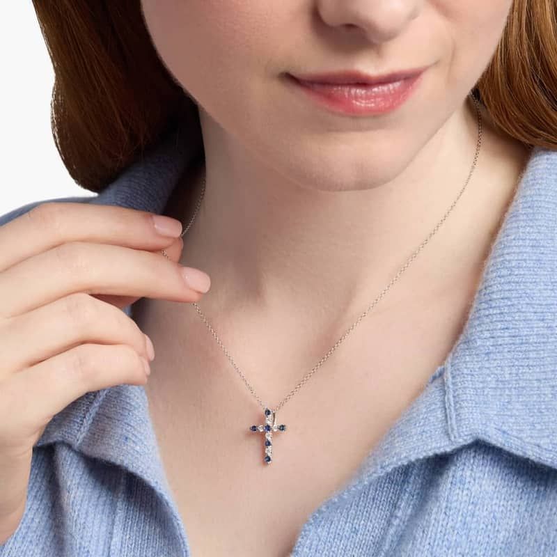 Floating Blue Sapphire and Diamond Cross Shape Pendant in 14k White Gold
