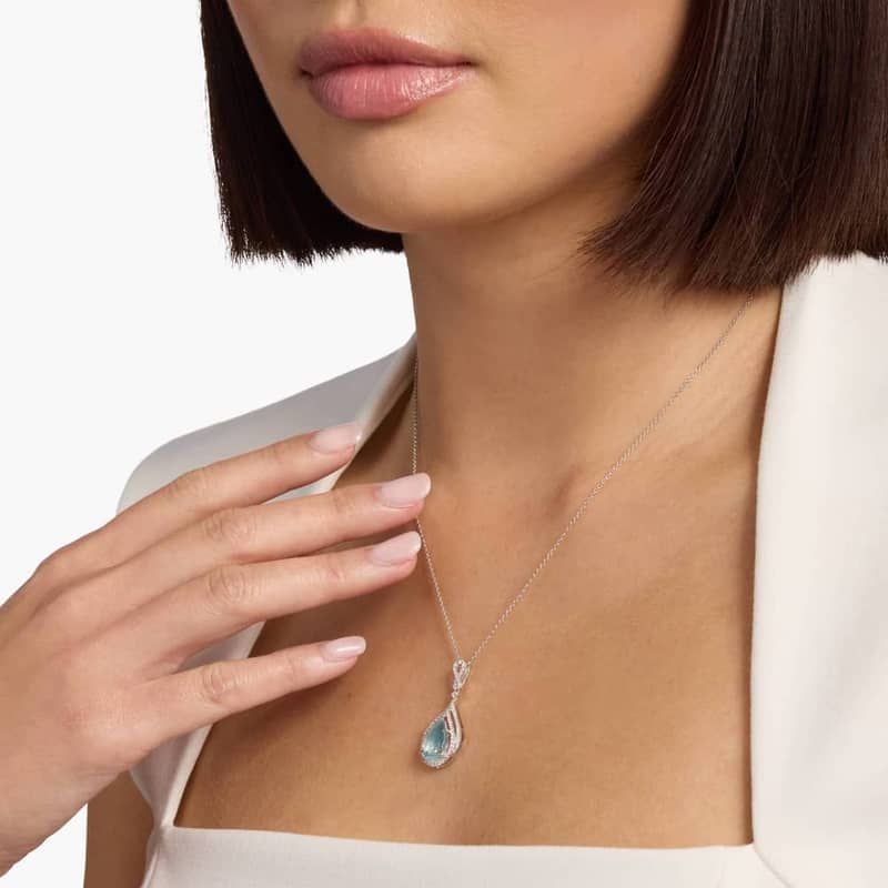 Pear Shaped Aquamarine and Double Diamond Halo Pendant in 14k White Gold