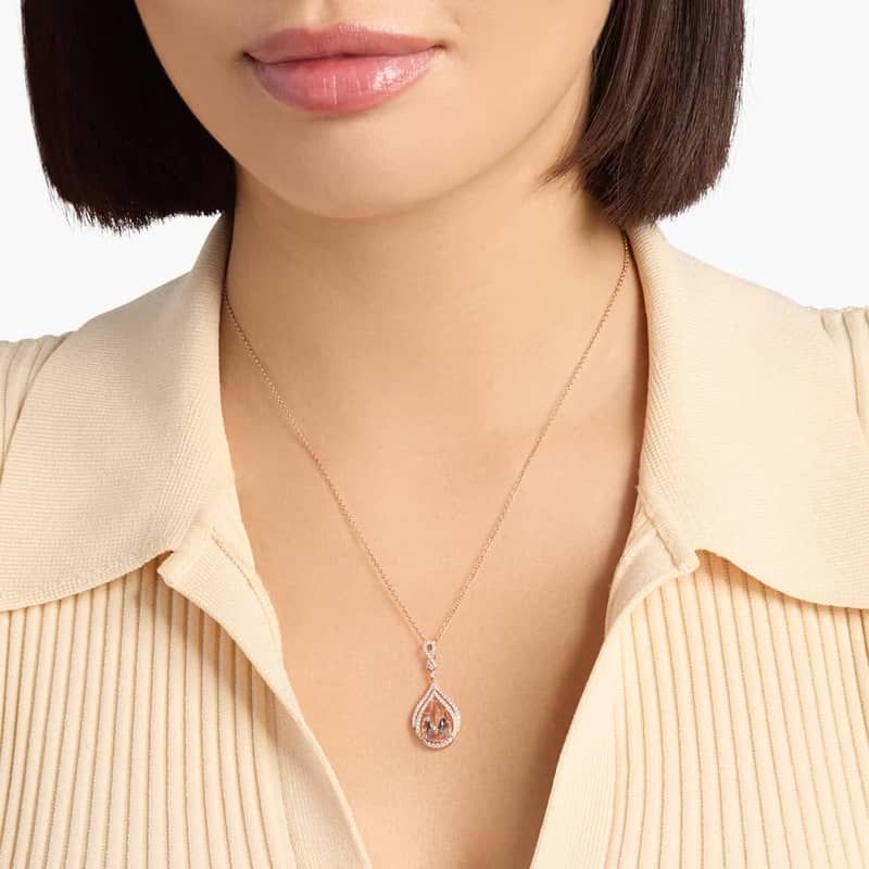 Pear Shaped Morganite and Double Diamond Halo Pendant in 14k Rose Gold