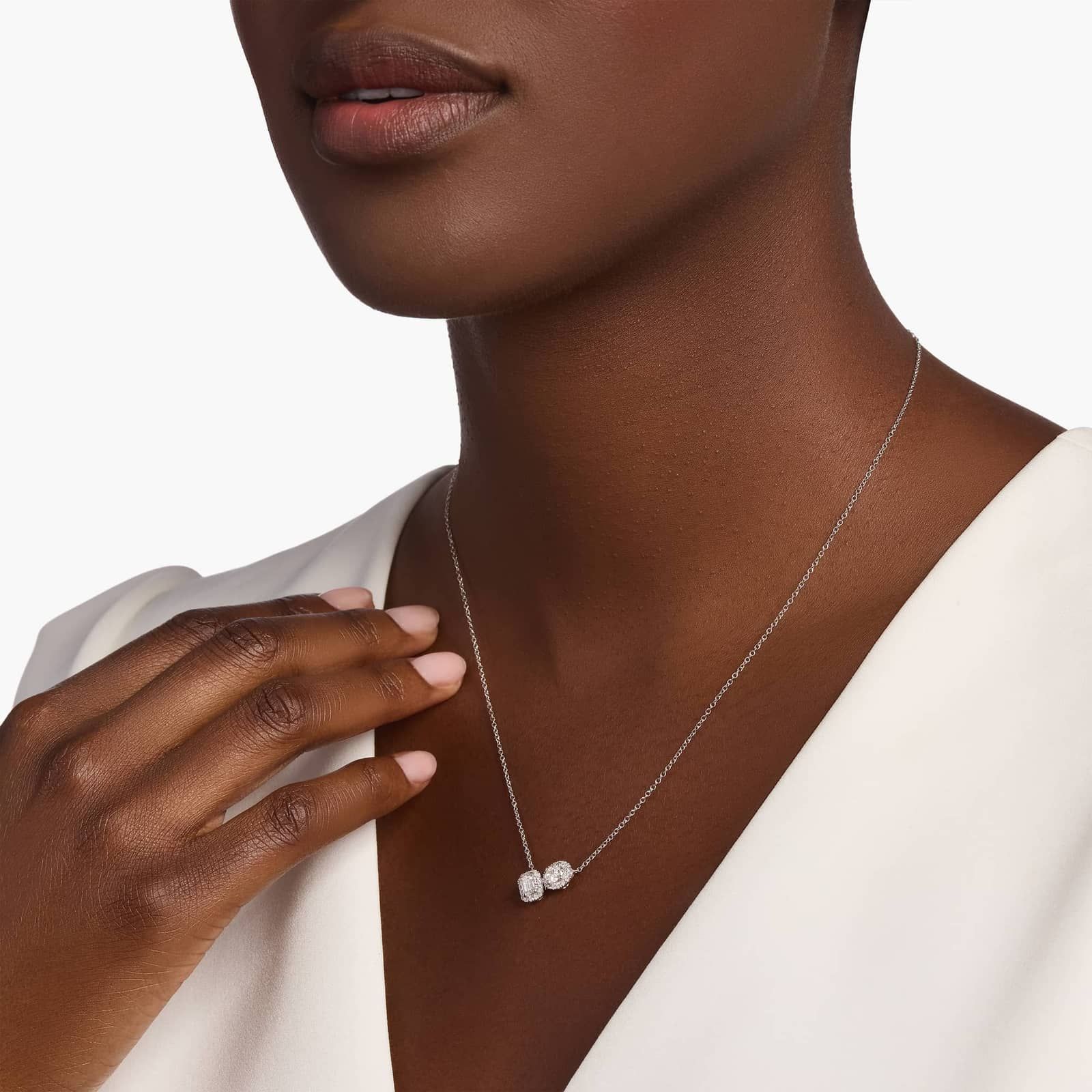 Two Stone Halo Emerald and Oval Diamond Necklace in 14K White Gold (3/4 ct. tw.)