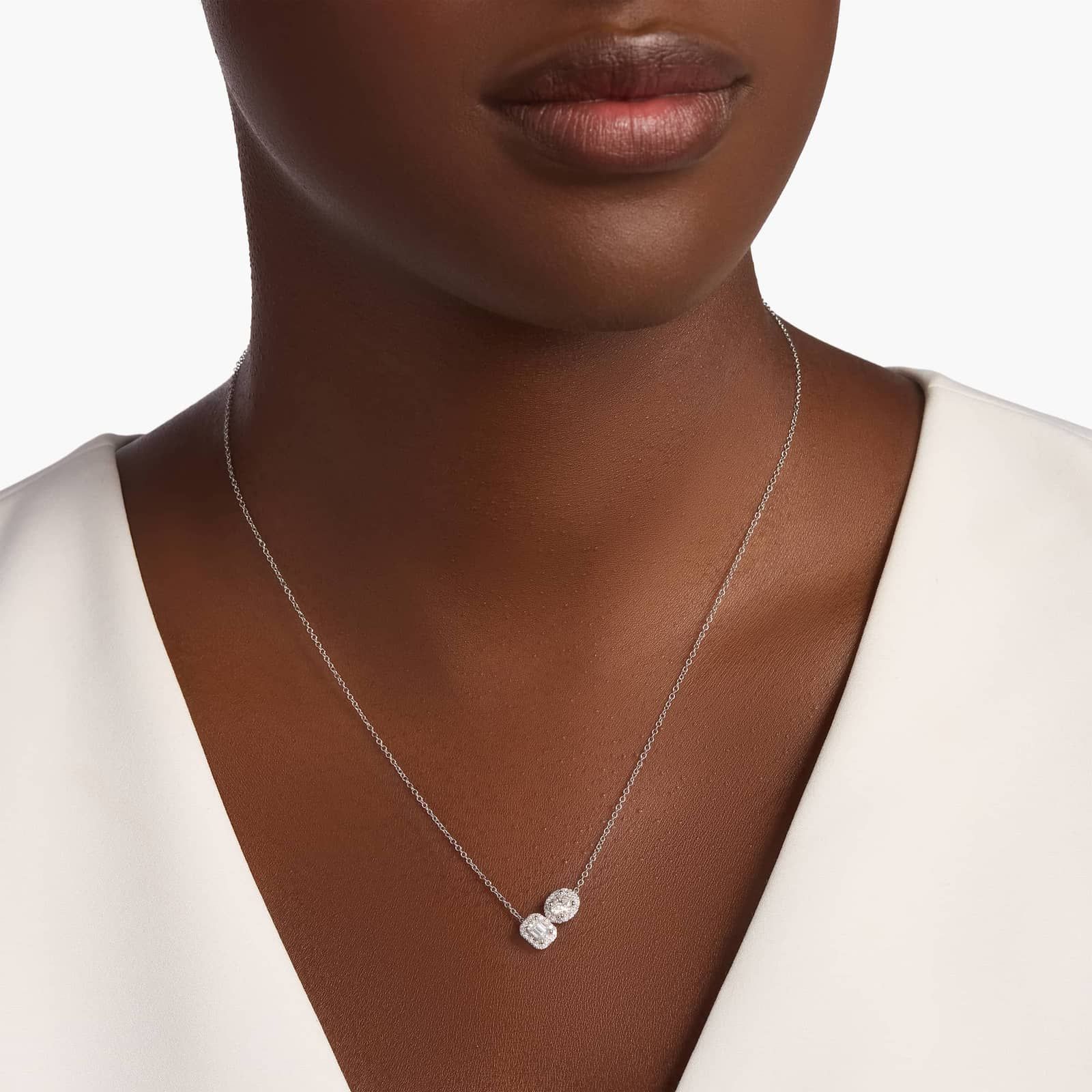 Two Stone Halo Emerald and Oval Diamond Necklace in 14K White Gold (3/4 ct. tw.)