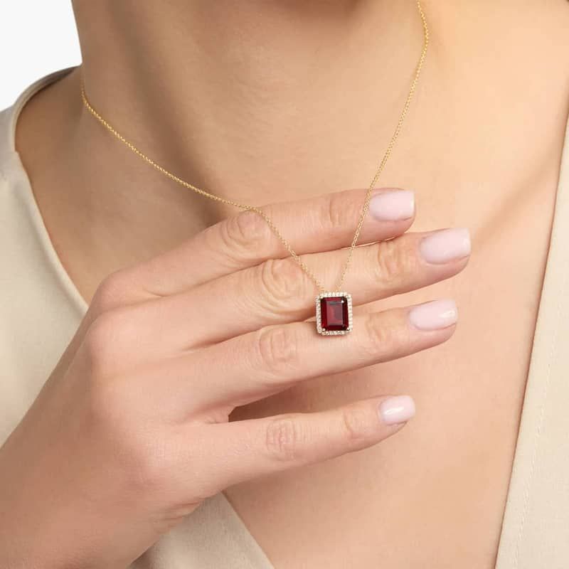 Emerald Cut Garnet Pendant in 14K Yellow Gold