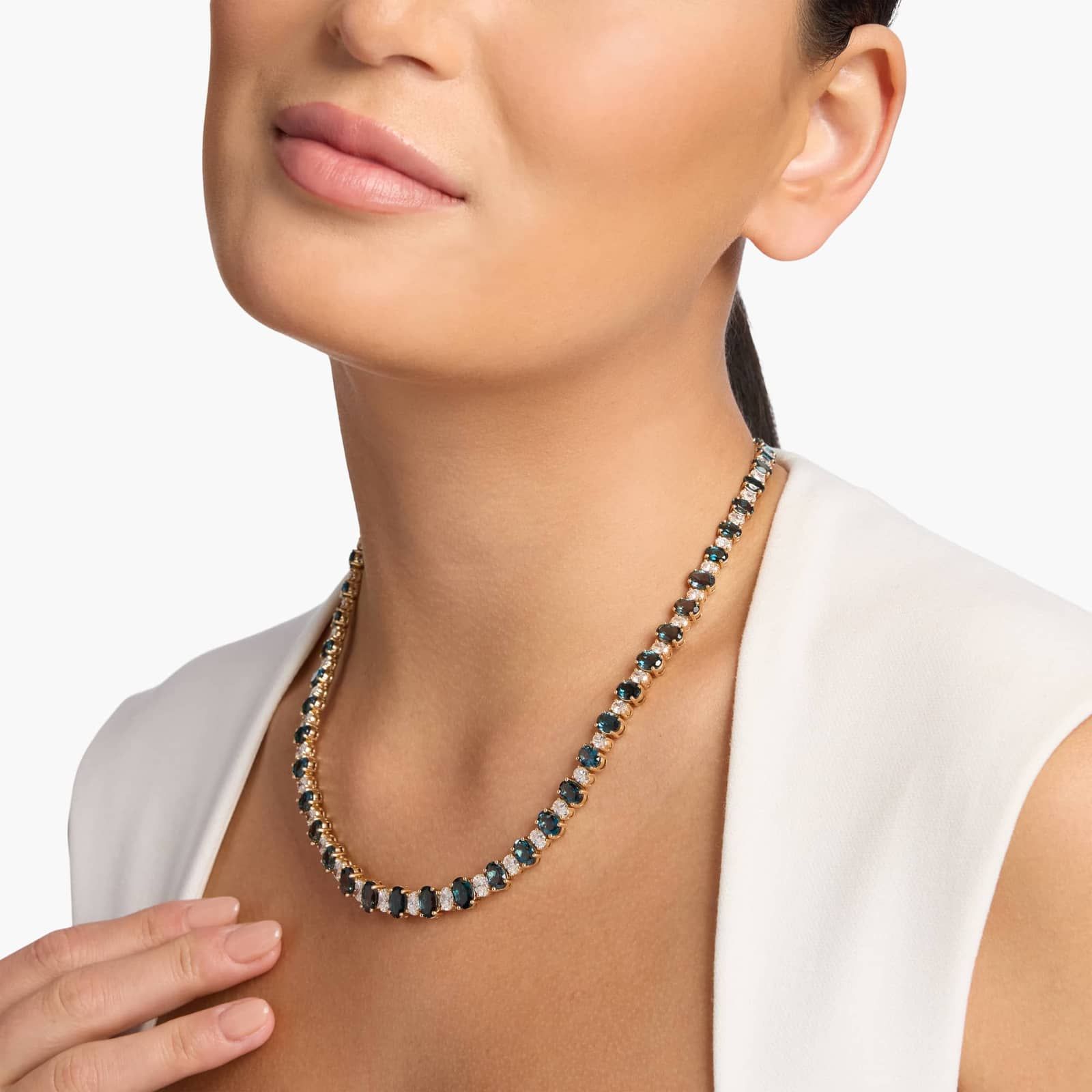 Oval Cut Diamond and Blue Topaz Alternating Eternity Necklace in 14K Yellow Gold