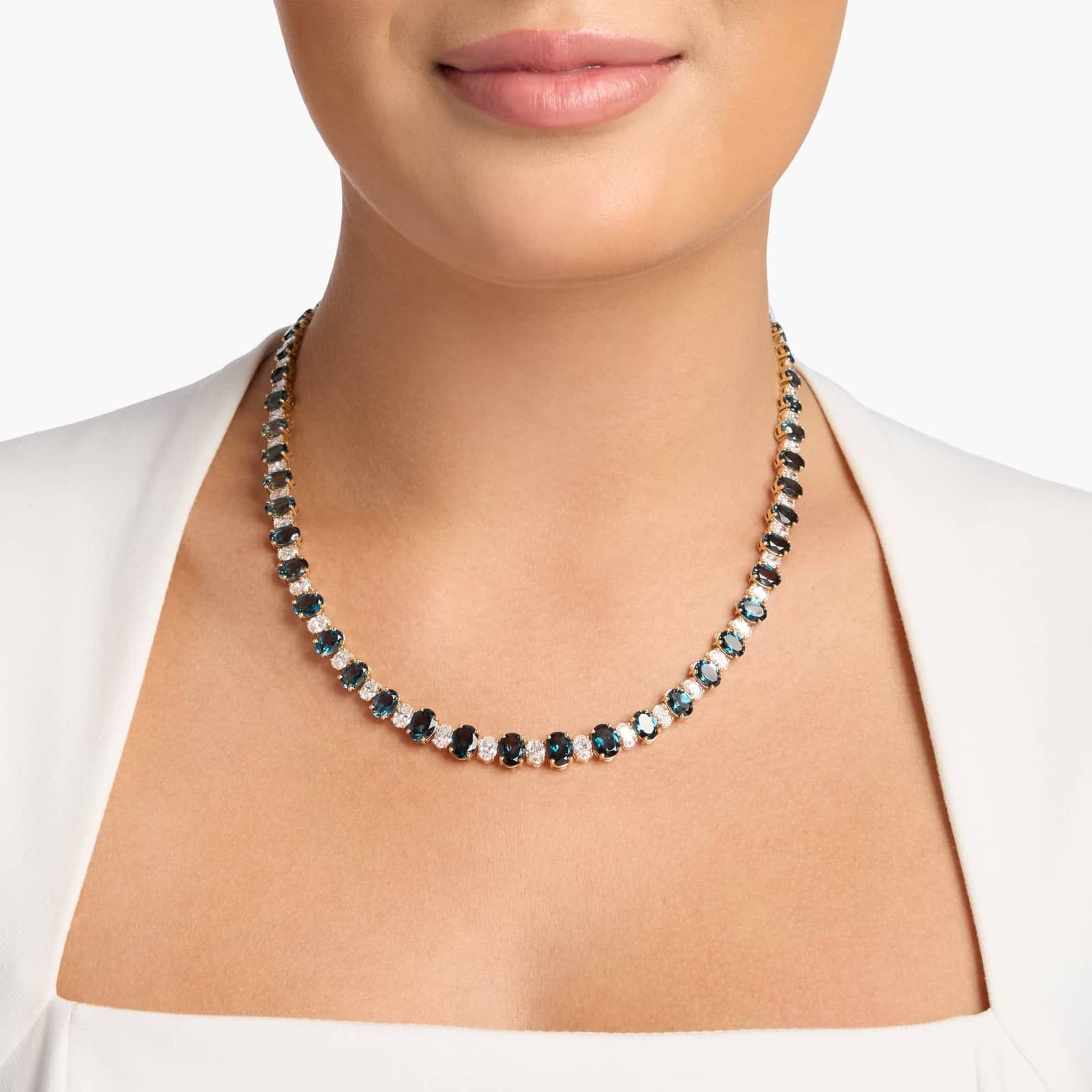 Oval Cut Diamond and Blue Topaz Alternating Eternity Necklace in 14K Yellow Gold