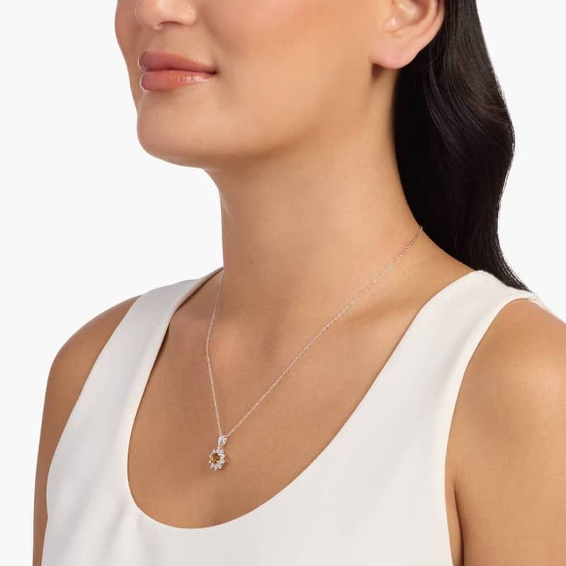 Round Citrine and Diamond Halo Pendant Necklace in 14k White Gold (6mm)