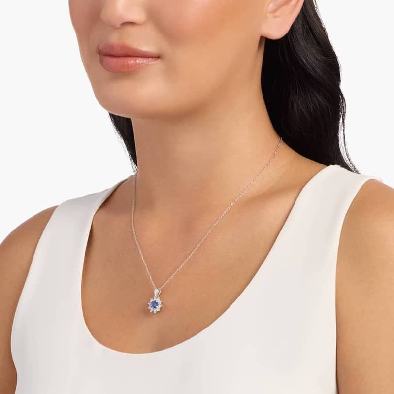 Round Tanzanite and Diamond Halo Pendant Necklace in 14k White Gold (6mm)